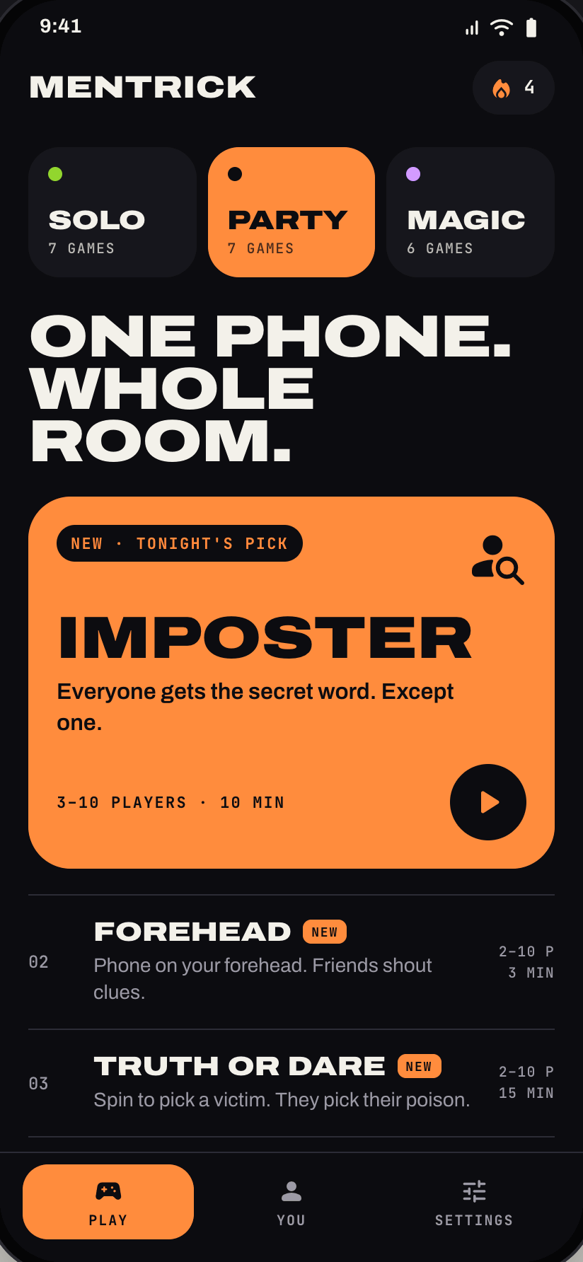 Mentrick Party tab with Imposter featured