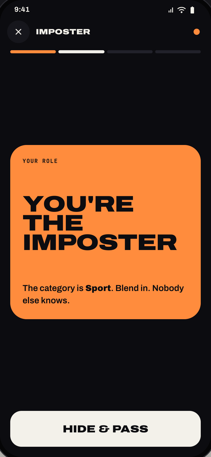 Imposter: everyone sees the secret word except the imposter